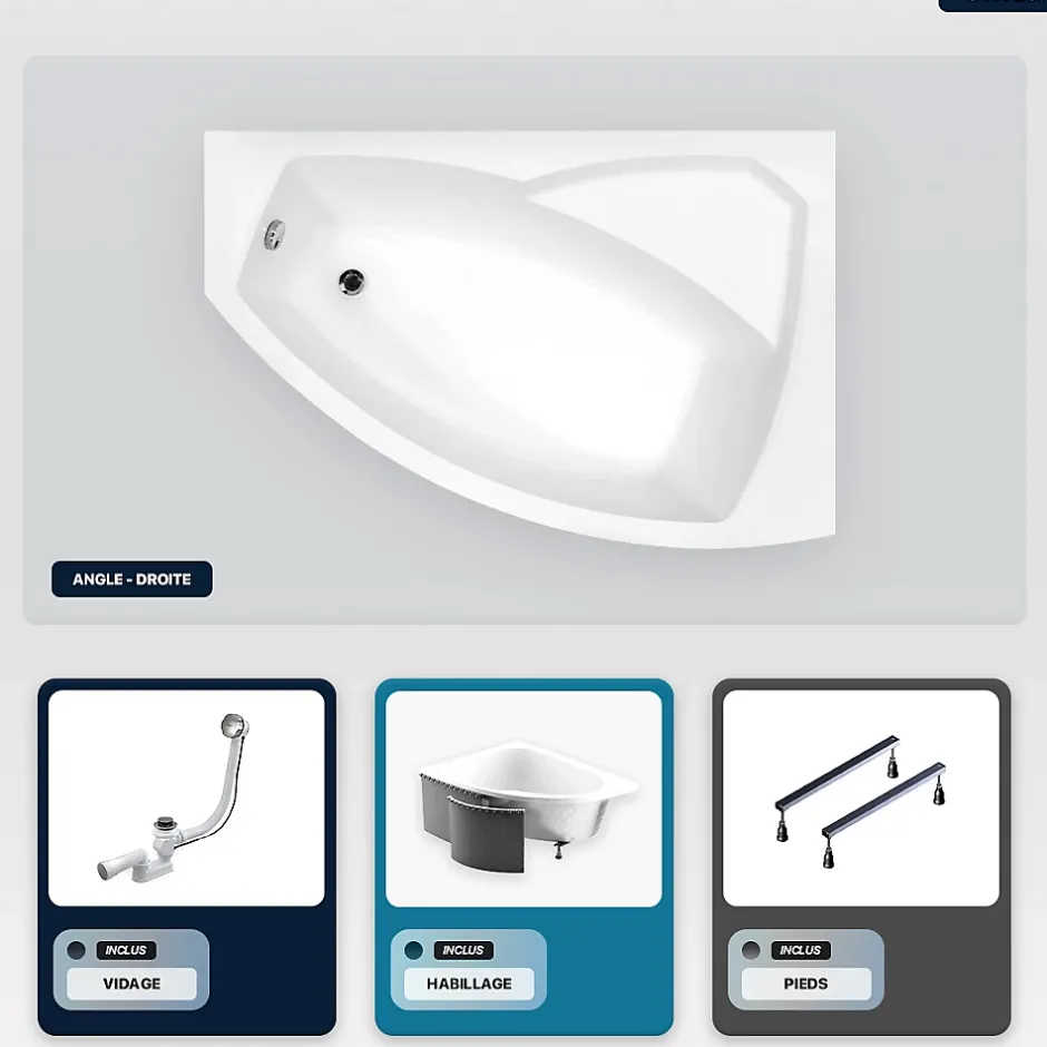 Besco Baignoire asymétrique - 130 x 85 cm - Droite - avec Habillage - Pieds - Vidage Chrome - RIMA