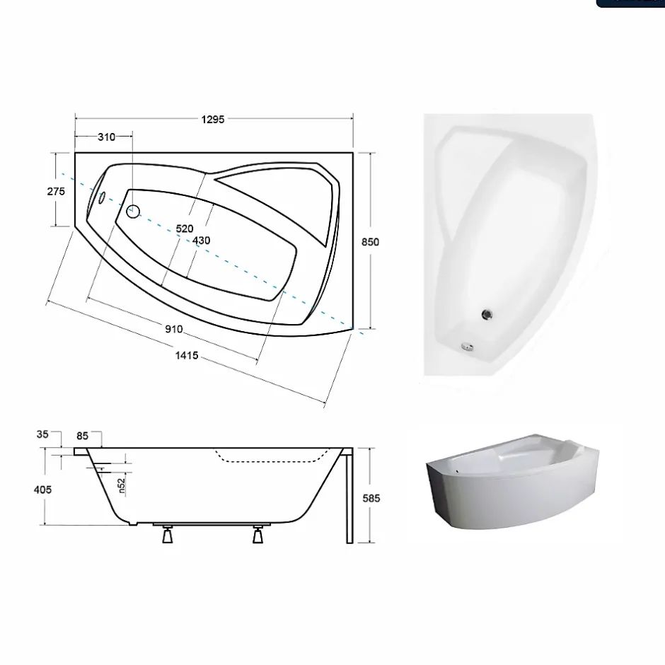 Besco Baignoire asymétrique - 130 x 85 cm - Droite - avec Habillage - Pieds - Vidage Chrome - RIMA