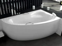 Besco Baignoire asymétrique - 150 x 100 cm - Droite - avec Tablier - Pieds - Poignées - Repose-tête - Vidage Chrome - NATALIA PREMIUM* Baignoire Asymétrique