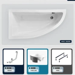 Besco Baignoire asymétrique - 140 x 70 cm - Gauche - avec Habillage - Pieds - Vidage Chrome - PRAKTIKA