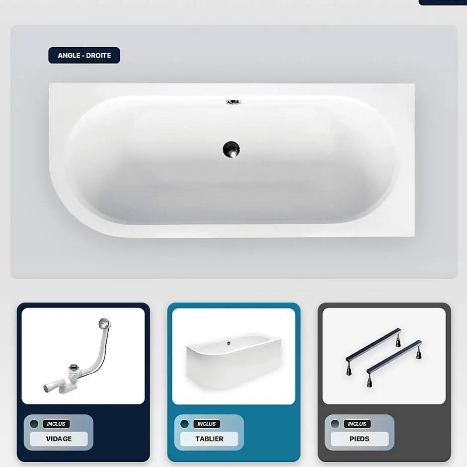 Besco Baignoire asymétrique - 150 x 75 cm - Droite - avec Tablier Blanc - Pieds - Vidage Chrome - AVITA* Baignoire Asymétrique