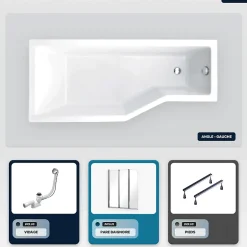 Besco Baignoire asymétrique - 170 x 75 cm - Gauche - sans Habillage - avec Pieds - Pare Baignoire 3 Volets - Vidage Chrome - INTEGRA