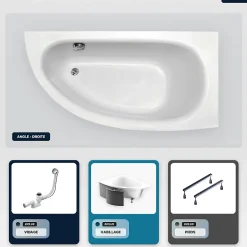 Besco Baignoire asymétrique - 150 x 70 cm - Droite - avec Habillage - Pieds - Poignées - Repose-tête - Vidage Chrome - MILENA PREMIUM* Baignoire Asymétrique