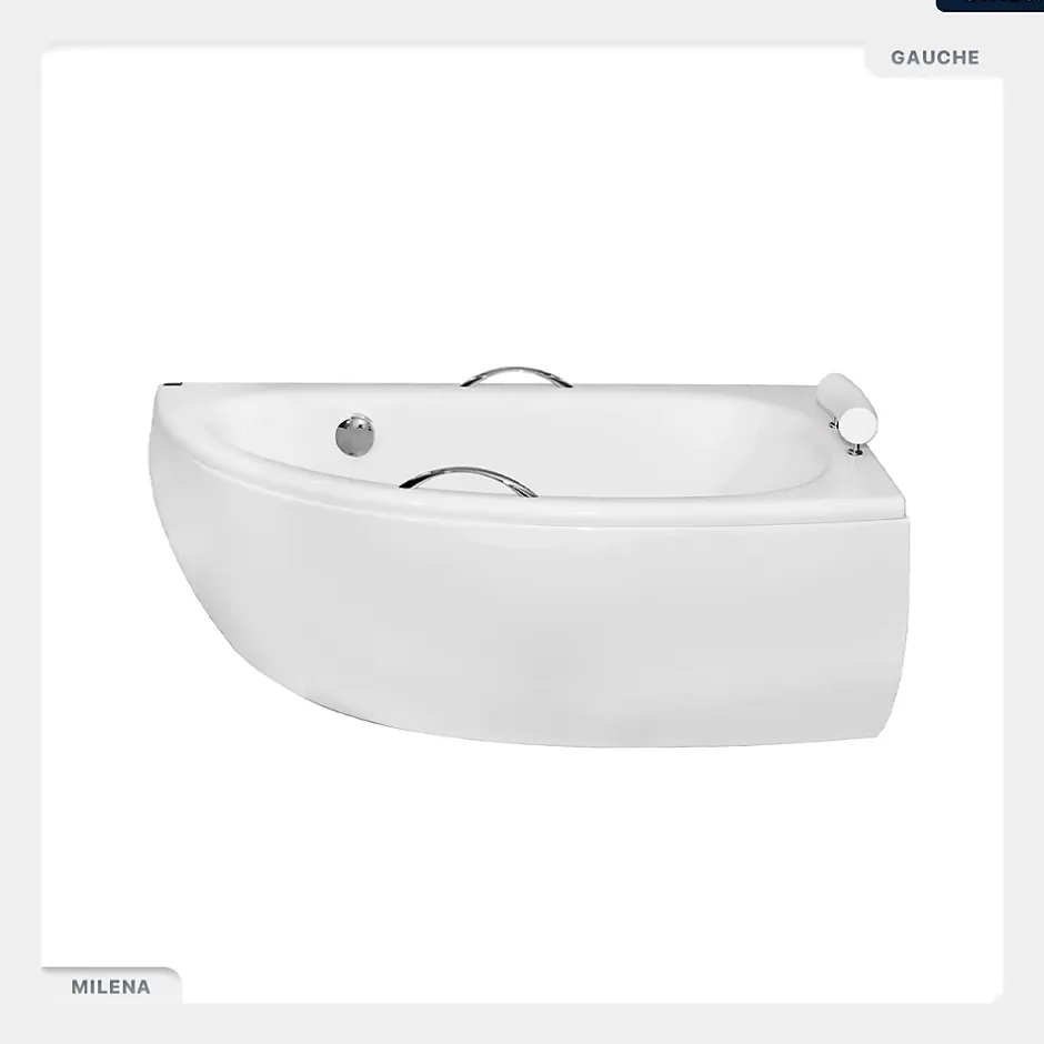 Besco Baignoire asymétrique - 150 x 70 cm - Droite - avec Habillage - Pieds - Poignées - Repose-tête - Vidage Chrome - MILENA PREMIUM* Baignoire Asymétrique