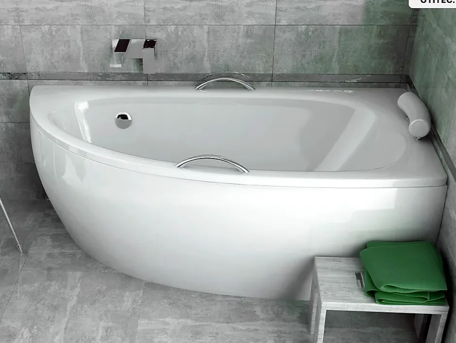 Besco Baignoire asymétrique - 150 x 70 cm - Droite - avec Habillage - Pieds - Poignées - Repose-tête - Vidage Chrome - MILENA PREMIUM* Baignoire Asymétrique