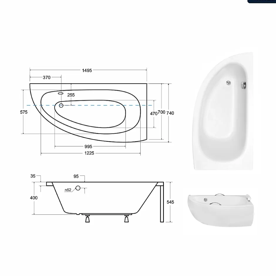 Besco Baignoire asymétrique - 150 x 70 cm - Droite - avec Habillage - Pieds - Poignées - Repose-tête - Vidage Chrome - MILENA PREMIUM* Baignoire Asymétrique