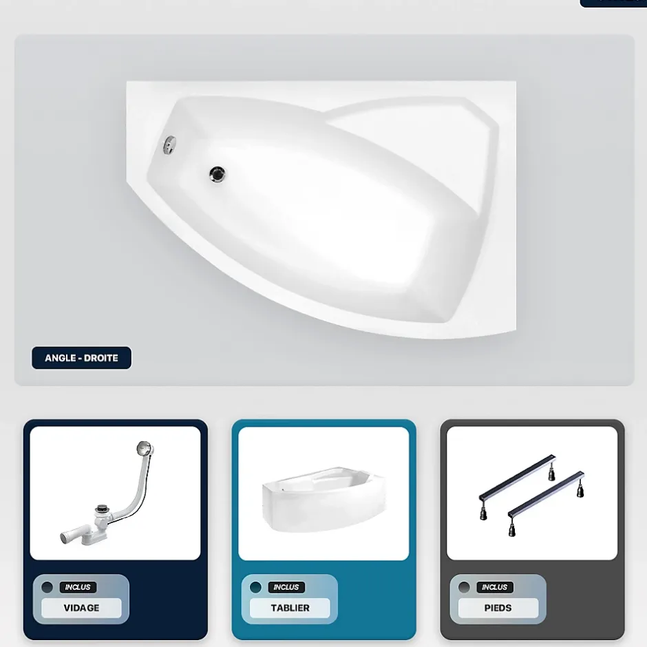 Besco Baignoire asymétrique - 150 x 95 cm - Droite - avec Tablier - Pieds - Vidage Chrome - RIMA* Baignoire Asymétrique