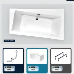 Besco Baignoire asymétrique - 150 x 90 cm - Droite - avec Tablier Blanc - Pieds - Vidage Chrome - INFINITY* Baignoire Asymétrique