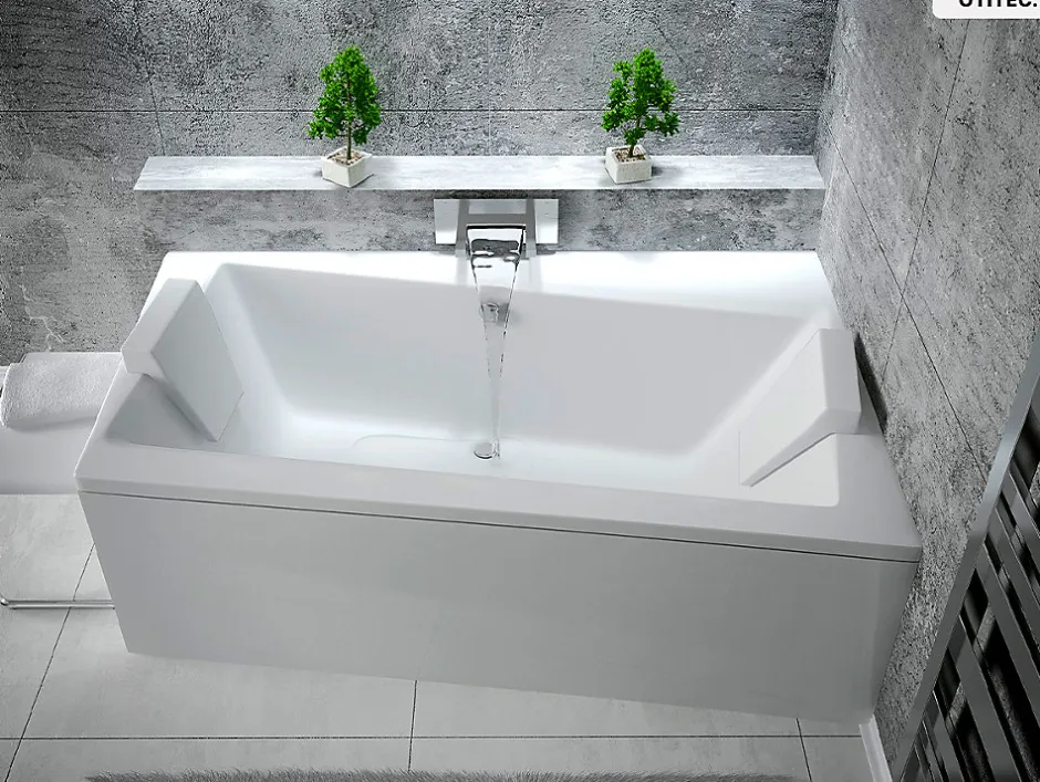 Besco Baignoire asymétrique - 150 x 90 cm - Droite - avec Tablier Blanc - Pieds - Vidage Chrome - INFINITY* Baignoire Asymétrique