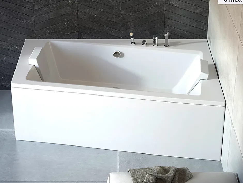 Besco Baignoire asymétrique - 150 x 90 cm - Droite - avec Tablier Blanc - Pieds - Vidage Chrome - INFINITY* Baignoire Asymétrique