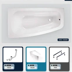 Besco Baignoire asymétrique - 150 x 80 cm - Gauche - avec Tablier - Pieds - Vidage Chrome - LUNA* Baignoire Asymétrique