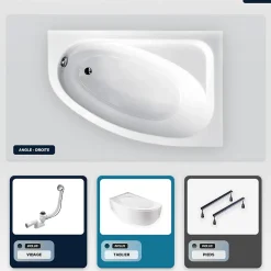 Besco Baignoire asymétrique - 150 x 100 cm - Droite - avec Tablier Blanc - Pieds - Vidage Chrome - CORNEA* Baignoire Asymétrique