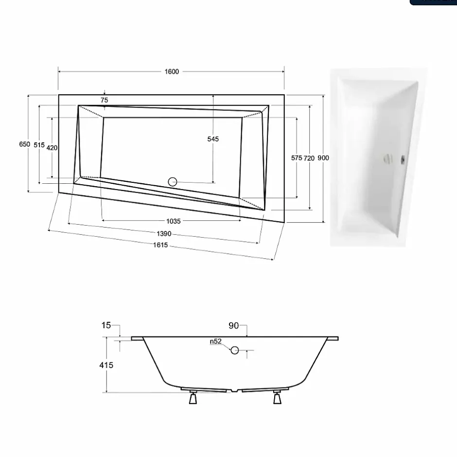 Besco Baignoire asymétrique - 160 x 90 cm - Droite - sans Habillage - avec Pieds - Vidage Chrome - INTIMA SLIM* Baignoire Asymétrique