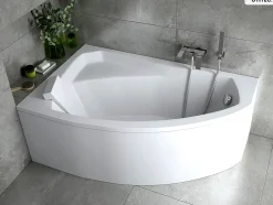 Besco Baignoire asymétrique - 130 x 85 cm - Gauche - sans Habillage - avec Pieds - Repose-tête - Vidage Chrome - RIMA