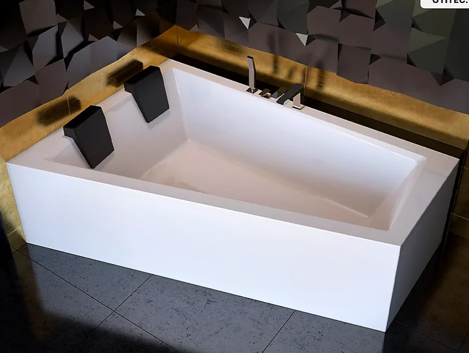 Besco Baignoire asymétrique - 180 x 125 cm - Gauche - avec Pieds - 2 Repose-têtes - Étagère bambou - Vidage Chrome - INTIMA DUO