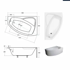 Besco Baignoire asymétrique - 140 x 90 cm - Droite - sans Habillage - avec Pieds - Repose-tête - Vidage Chrome - RIMA