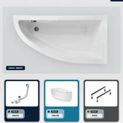 Besco Baignoire asymétrique - 150 x 70 cm - Droite - avec Tablier - Pieds - Vidage Chrome - PRAKTIKA* Baignoire Asymétrique