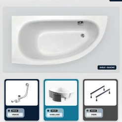 Besco Baignoire asymétrique - 150 x 70 cm - Gauche - avec Habillage - Pieds - Poignées - Repose-tête - Vidage Chrome - MILENA PREMIUM* Baignoire Asymétrique