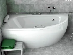 Besco Baignoire asymétrique - 150 x 70 cm - Gauche - avec Habillage - Pieds - Poignées - Repose-tête - Vidage Chrome - MILENA PREMIUM* Baignoire Asymétrique