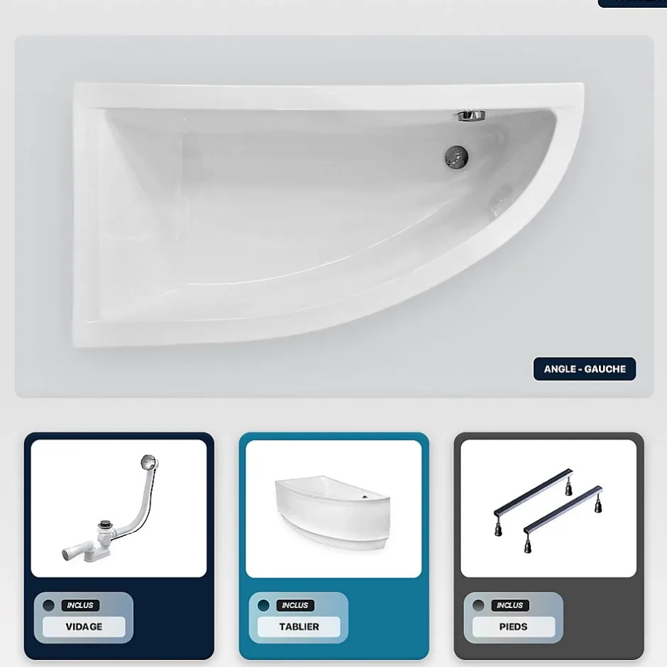 Besco Baignoire asymétrique - 140 x 70 cm - Gauche - avec Tablier - Pieds - Vidage Chrome - PRAKTIKA* Baignoire Asymétrique