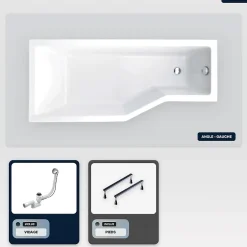 Besco Baignoire asymétrique - 150 x 75 cm - Gauche - sans Habillage - avec Pieds - Vidage Chrome - INTEGRA* Baignoire Asymétrique