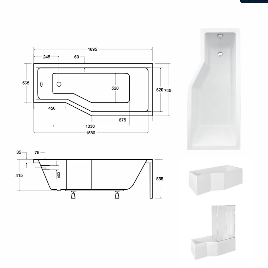 Besco Baignoire asymétrique - 170 x 75 cm - Droite - avec Tablier - Pieds - Vidage Chrome - INTEGRA
