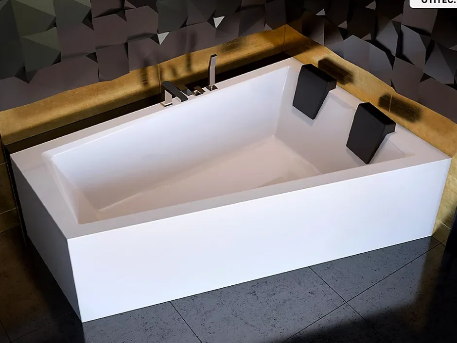 Besco Baignoire asymétrique - 180 x 125 cm - Droite - sans Habillage - avec Pieds - Étagère bambou - Vidage Chrome - INTIMA DUO