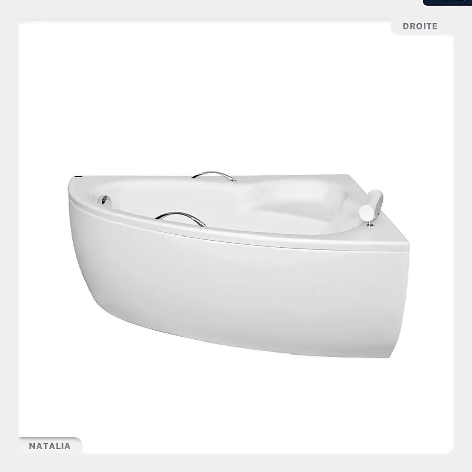 Besco Baignoire asymétrique - 150 x 100 cm - Droite - avec Habillage - Pieds - Poignées - Repose-tête - Vidage Chrome - NATALIA PREMIUM* Baignoire Asymétrique