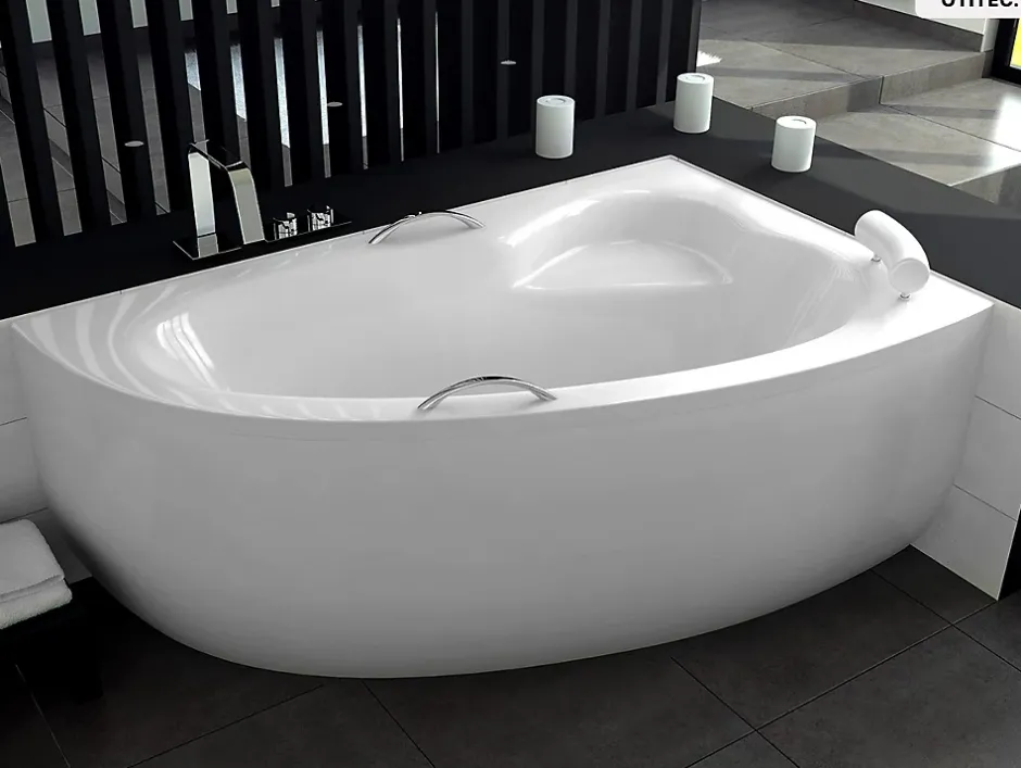 Besco Baignoire asymétrique - 150 x 100 cm - Droite - avec Habillage - Pieds - Poignées - Repose-tête - Vidage Chrome - NATALIA PREMIUM* Baignoire Asymétrique