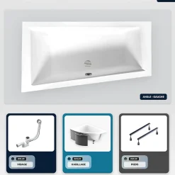 Besco Baignoire asymétrique - 160 x 90 cm - Gauche - avec Habillage - Pieds - Vidage Chrome - INTIMA SLIM