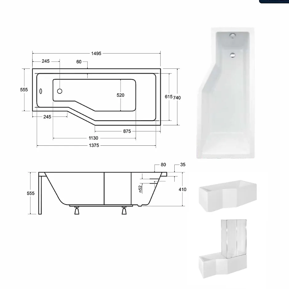 Besco Baignoire asymétrique - 150 x 75 cm - Droite - avec Habillage - Pieds - Vidage Chrome - INTEGRA* Baignoire Asymétrique
