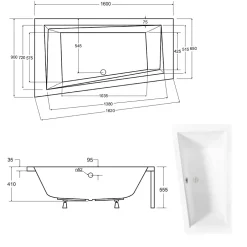 Besco Baignoire asymétrique + tablier blanc + repose tête - INTIMA - 160 x 90 cm - Gauche