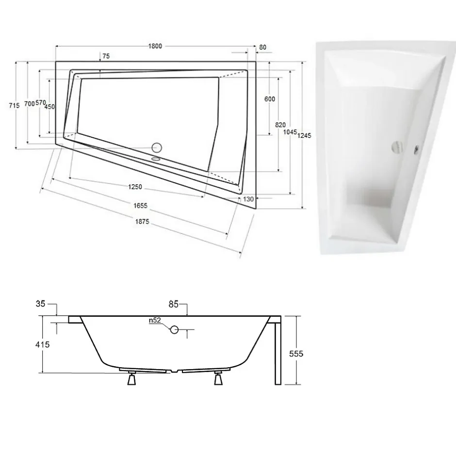Besco Baignoire asymétrique + tablier blanc + repose tête - INTIMA DUO - 180 cm x 125 cm - Droite* Baignoire Asymétrique