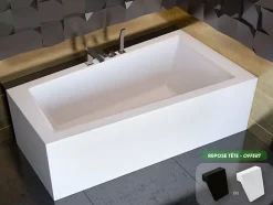 Besco Baignoire asymétrique + tablier blanc + repose tête - INTIMA - 150 x 85 cm - Droite