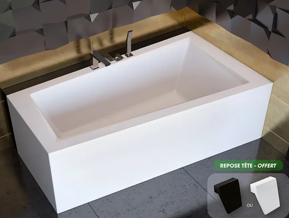 Besco Baignoire asymétrique + tablier blanc + repose tête - INTIMA - 150 x 85 cm - Droite