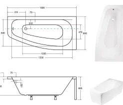 Besco Baignoire asymétrique + tablier noir + repose tête - LUNA - 150 x 80 cm - Droite* Baignoire Asymétrique
