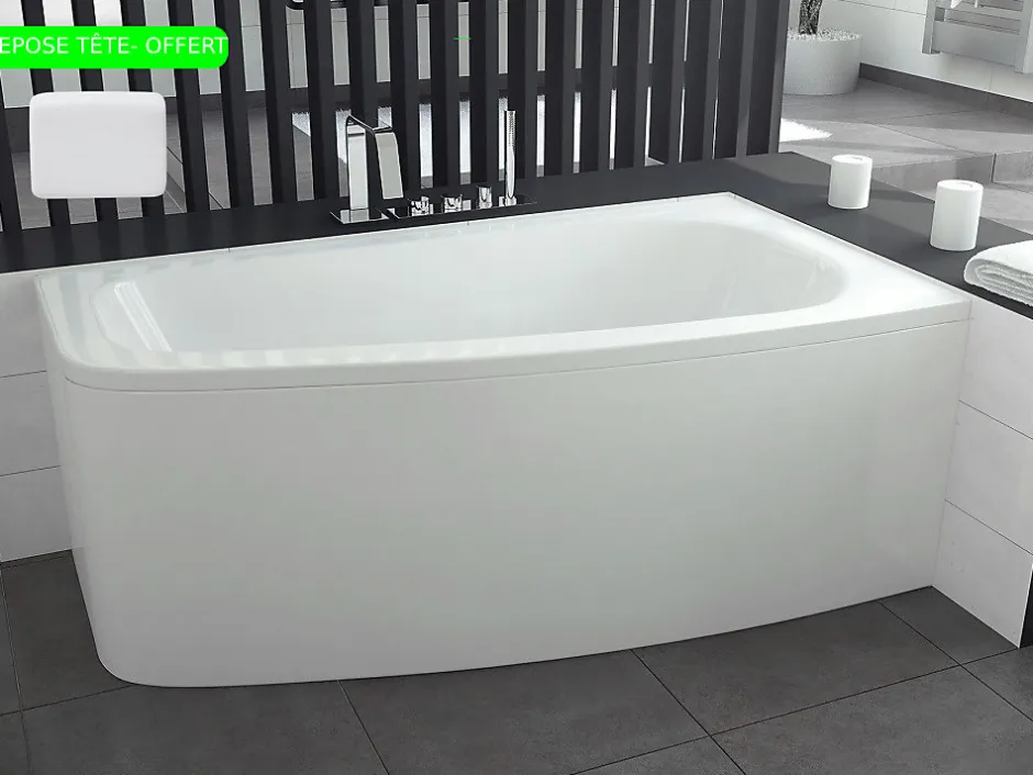 Besco Baignoire asymétrique + tablier blanc + repose tête - LUNA - 150 x 80 cm - Droite