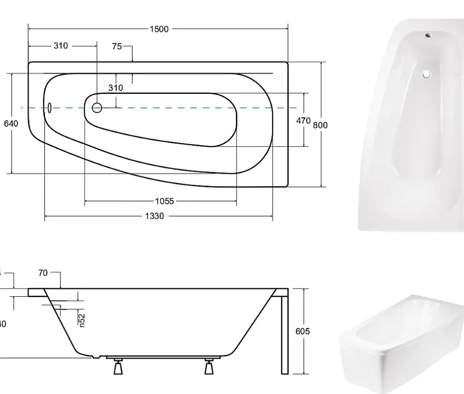 Besco Baignoire asymétrique + tablier blanc + repose tête - LUNA - 150 x 80 cm - Droite