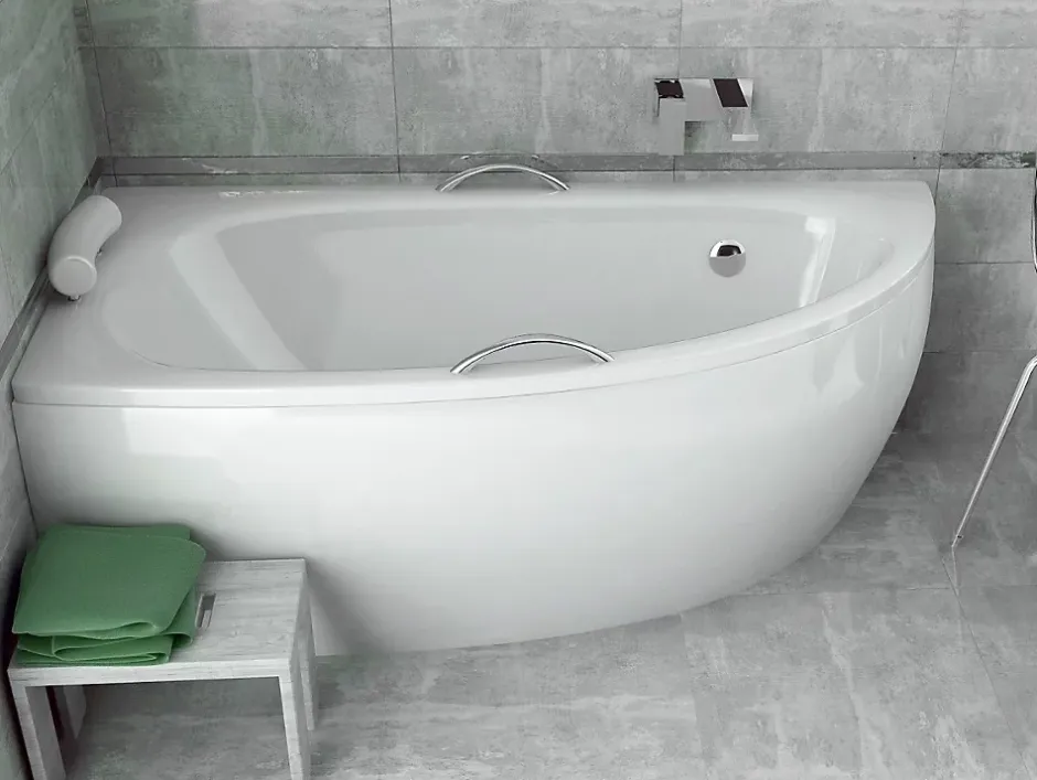 Besco Baignoire asymétrique + tablier blanc + repose tête + poignées - MILENA PREMIUM - 150 x 70 cm - Droite* Baignoire Asymétrique