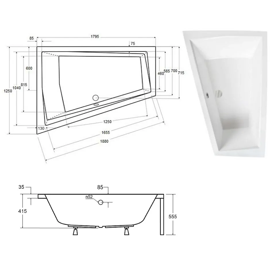 Besco Baignoire asymétrique + tablier blanc + repose tête - INTIMA DUO - 180 cm x 125 cm - Gauche