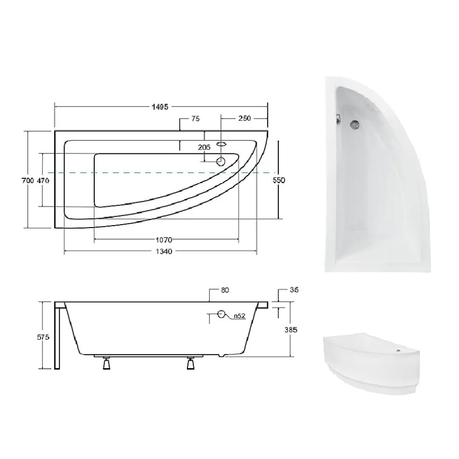 Besco Baignoire asymétrique + tablier blanc + repose tête - PRAKTIKA - 150 x 70 cm - Gauche