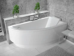 Besco Baignoire asymétrique + tablier blanc + repose tête - PRAKTIKA - 150 x 70 cm - Droite* Baignoire Asymétrique