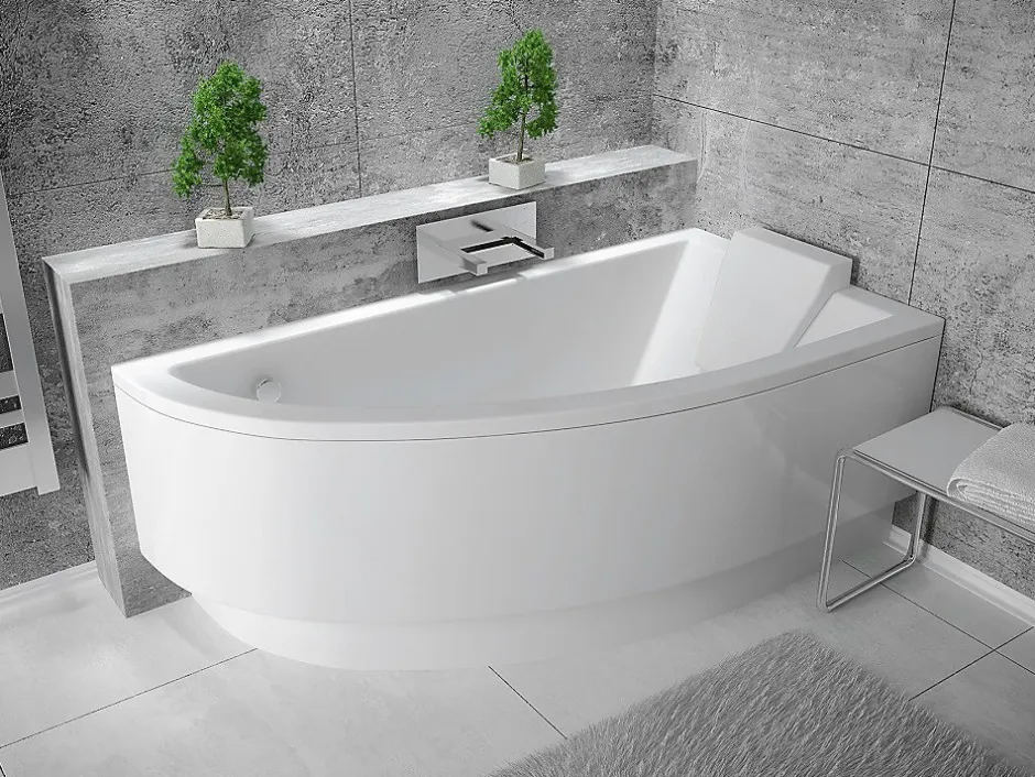 Besco Baignoire asymétrique + tablier blanc + repose tête - PRAKTIKA - 150 x 70 cm - Droite* Baignoire Asymétrique
