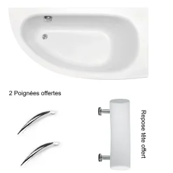 Besco Baignoire asymétrique + tablier blanc + repose tête + poignées - MILENA PREMIUM - 150 x 70 cm - Gauche* Baignoire Asymétrique