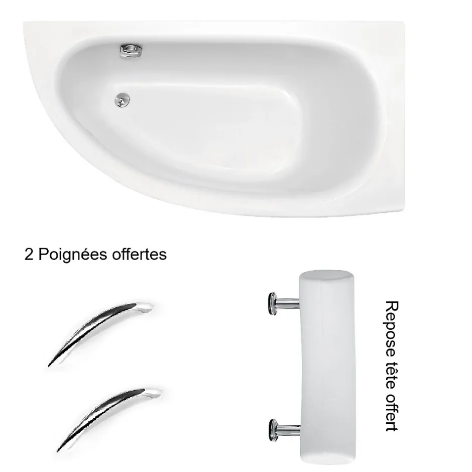 Besco Baignoire asymétrique + tablier blanc + repose tête + poignées - MILENA PREMIUM - 150 x 70 cm - Gauche* Baignoire Asymétrique