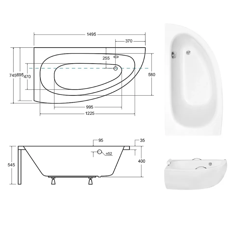 Besco Baignoire asymétrique + tablier blanc + repose tête + poignées - MILENA PREMIUM - 150 x 70 cm - Gauche* Baignoire Asymétrique