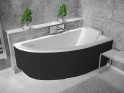 Besco Baignoire asymétrique + tablier noir + repose tête - PRAKTIKA - 140 x 70 cm - Droite