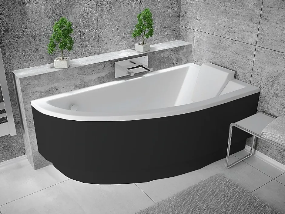Besco Baignoire asymétrique + tablier noir + repose tête - PRAKTIKA - 140 x 70 cm - Droite