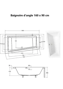 Besco Baignoire asymétrique + tablier noir + repose tête - INTIMA - 160 x 90 cm - Gauche* Baignoire Asymétrique