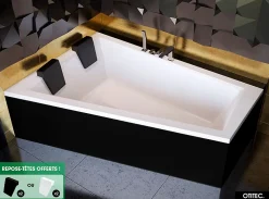 Besco Baignoire Asymétrique avec Tablier Noir - 170 x 125 cm - GAUCHE - INTIMA DUO - 2 REPOSE-TÊTES OFFERTS